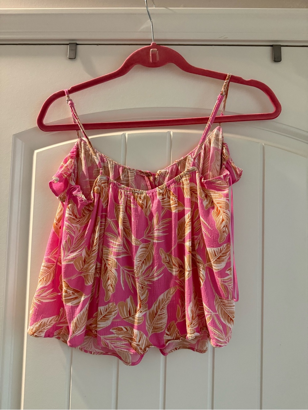 Impressions Pink Tropical Leaf Ruffle Cami with Tan Accents - Picture 3 of 4